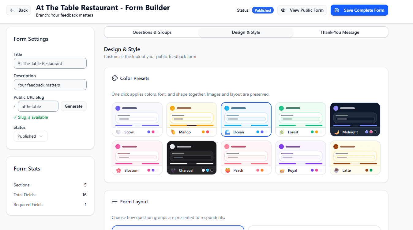 Form builder with 10 color theme presets: Snow, Mango, Ocean, Forest, Midnight, Blossom, Charcoal, Peach, Royal, Latte
