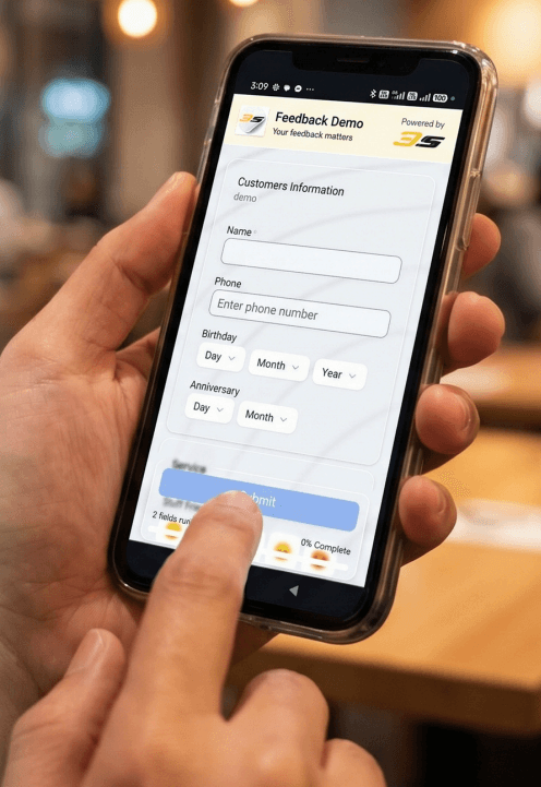 Customer scanning QR code feedback form on mobile phone at a restaurant