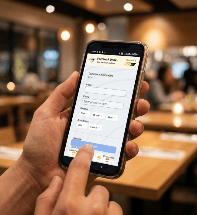Customer using mobile phone to submit QR code feedback at a restaurant table
