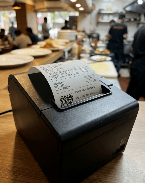 Restaurant receipt printer showing QR code for instant customer feedback — Orderly invoice-backed feedback